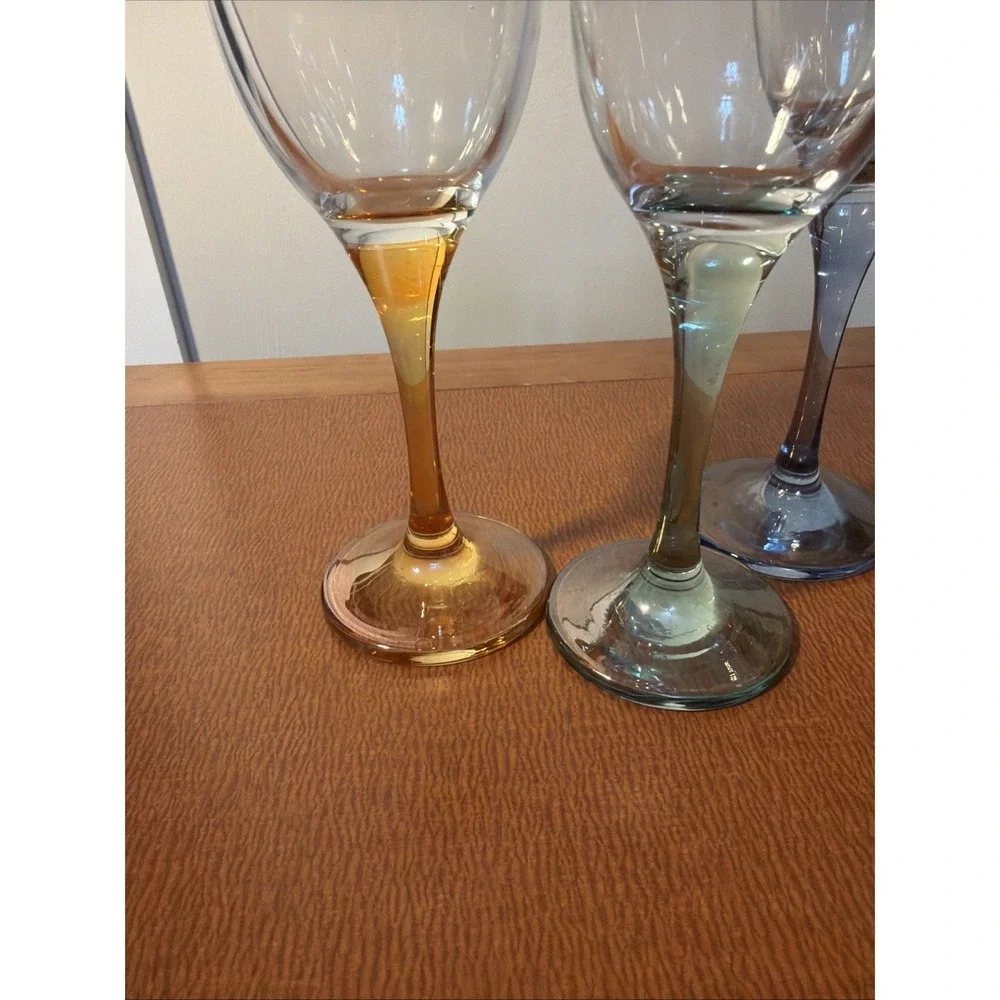 Vtg Champagne Toasting Flutes Colored Iridescent Stem Gold Trim Wedding Set Of 4